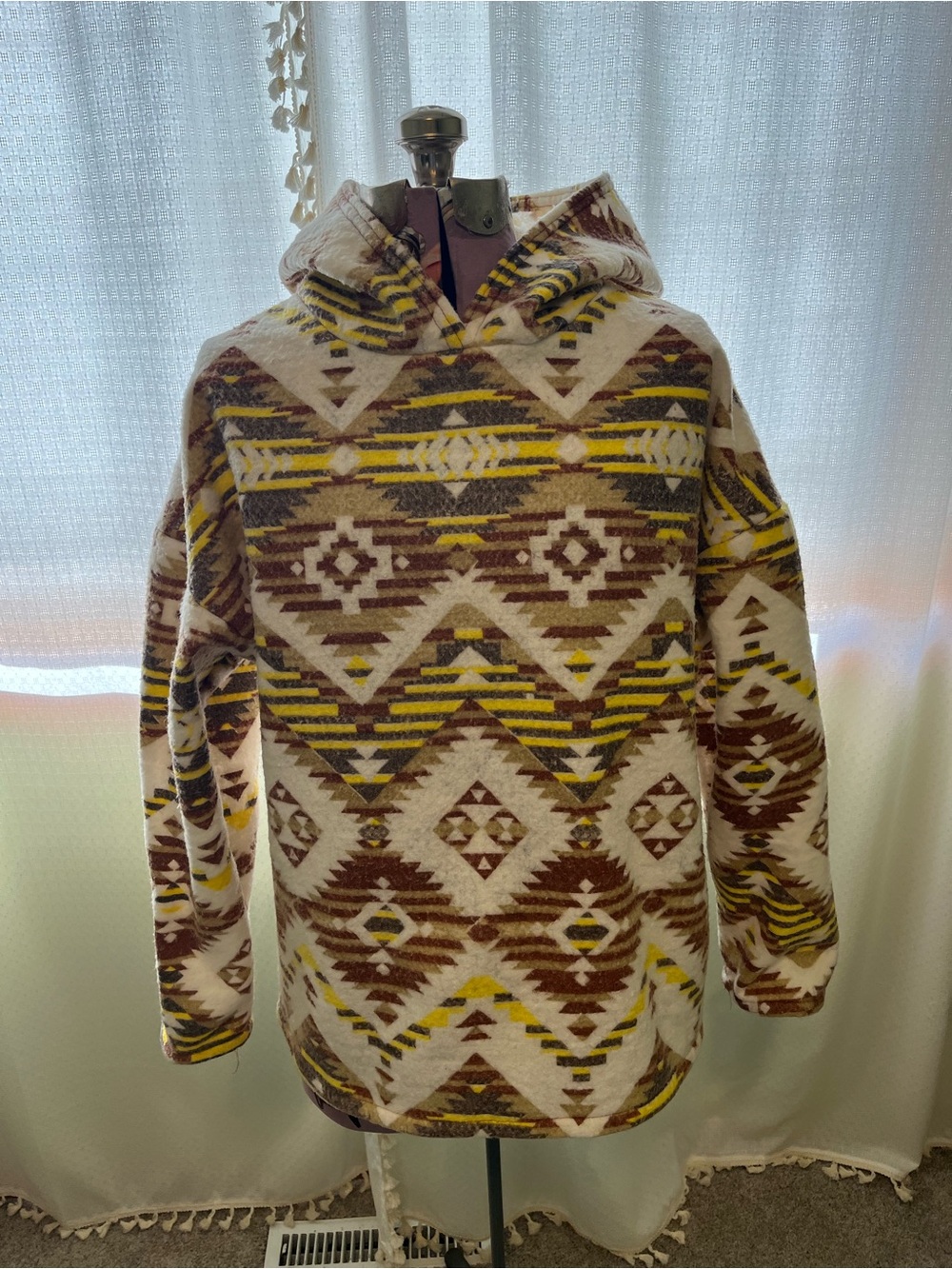 Upcycled Aztec Print Hooded Pullover - Brown, Cream & Yellow